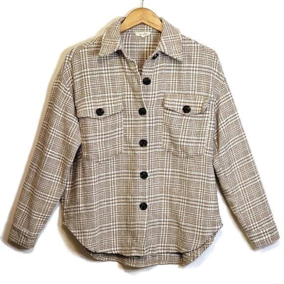 La Miel Plaid Tan Shacket Cozy Casual Fall Layering Button Down Shirt S - Picture 1 of 12